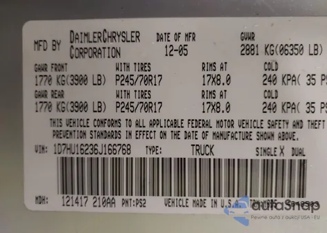 2006 Dodge Ram 1500 Slt/Trx4 Off Road/Sport z USA, uszkodzony, nr VIN 1D7HU16236J166768